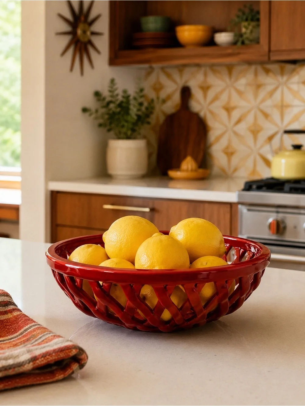 Red Openwork Ceramic Basket Bowl Decorative Fruit Bowl Lattice Centerpiece